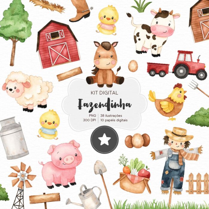 Kit Digital Fazendinha Aquarelada Pepéis e Ilustrações Png