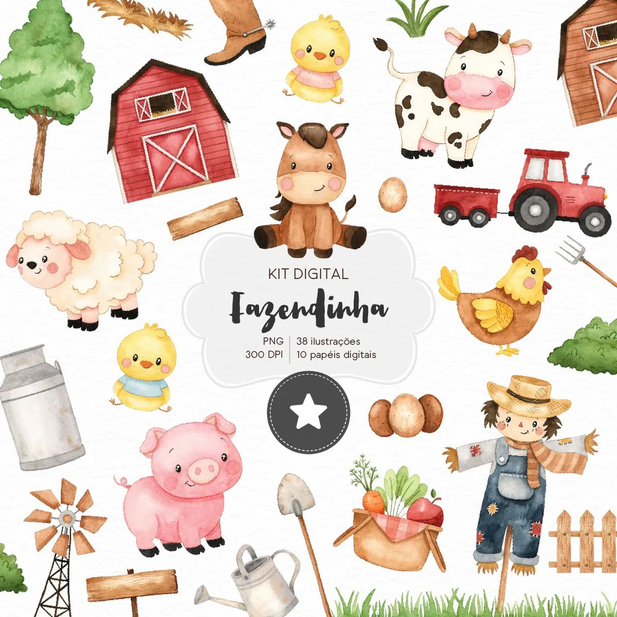 Ilustrações em aquarela com animais e elementos variados de uma fazenda em fundo branco.