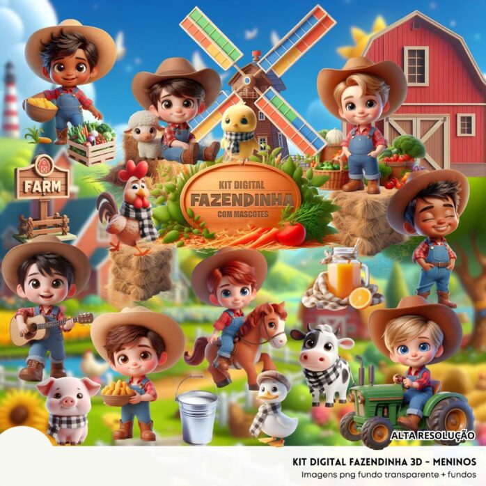 Kit Digital Fazendinha Menino Baby Png Ilustrações 3D Fofo