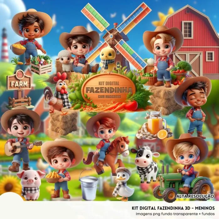 Kit Digital Fazendinha Menino Baby Png Ilustrações 3D Fofo