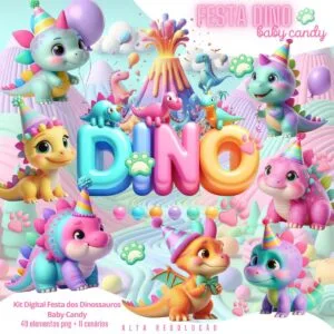 Kit Digital Festa dos Dinossauros Baby Candy Ilustrações Png
