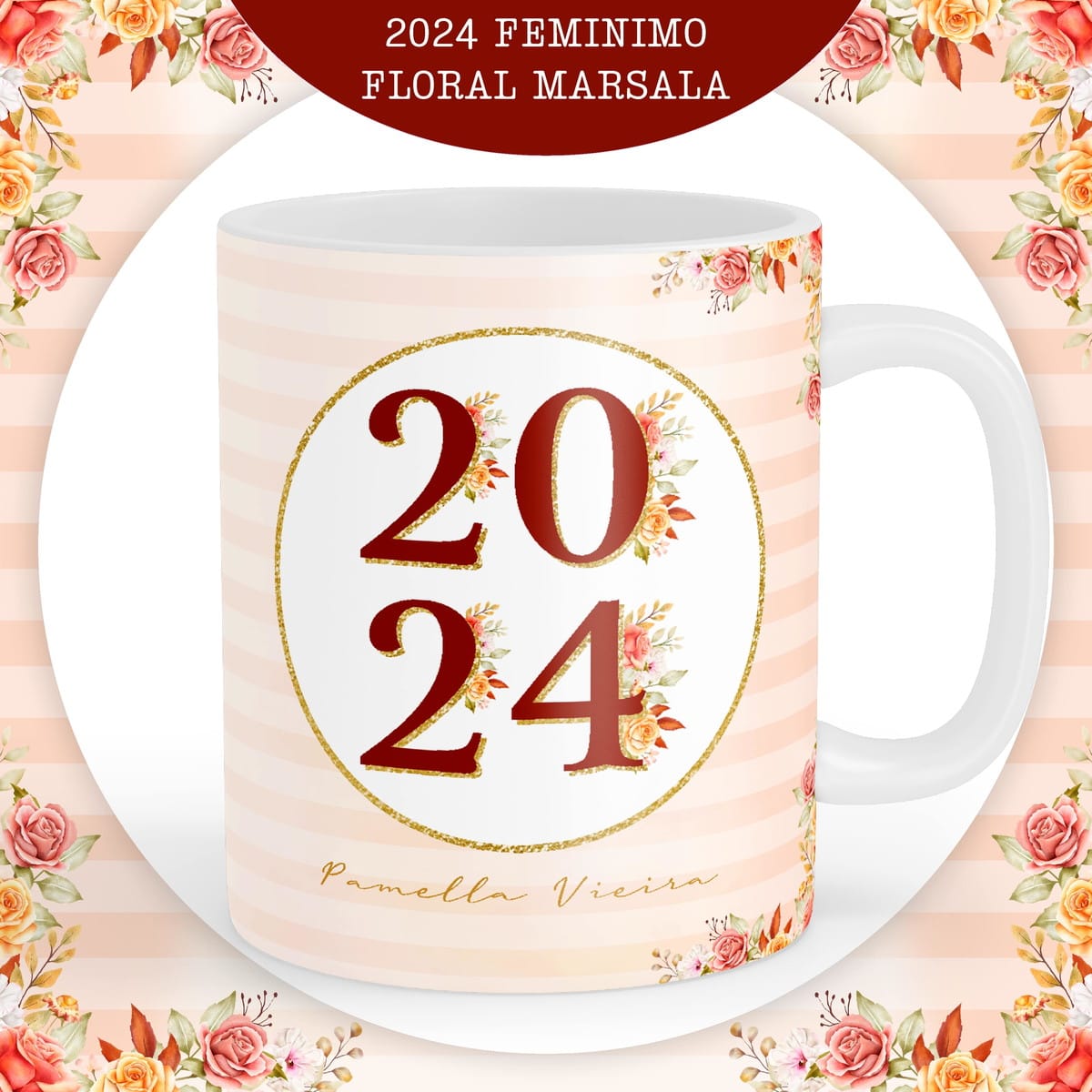 Kit Digital Floral Marsala para Encadernação 2024 2 Caneca branca estampada com números vermelhos, círculos dourados e flores delicadas.