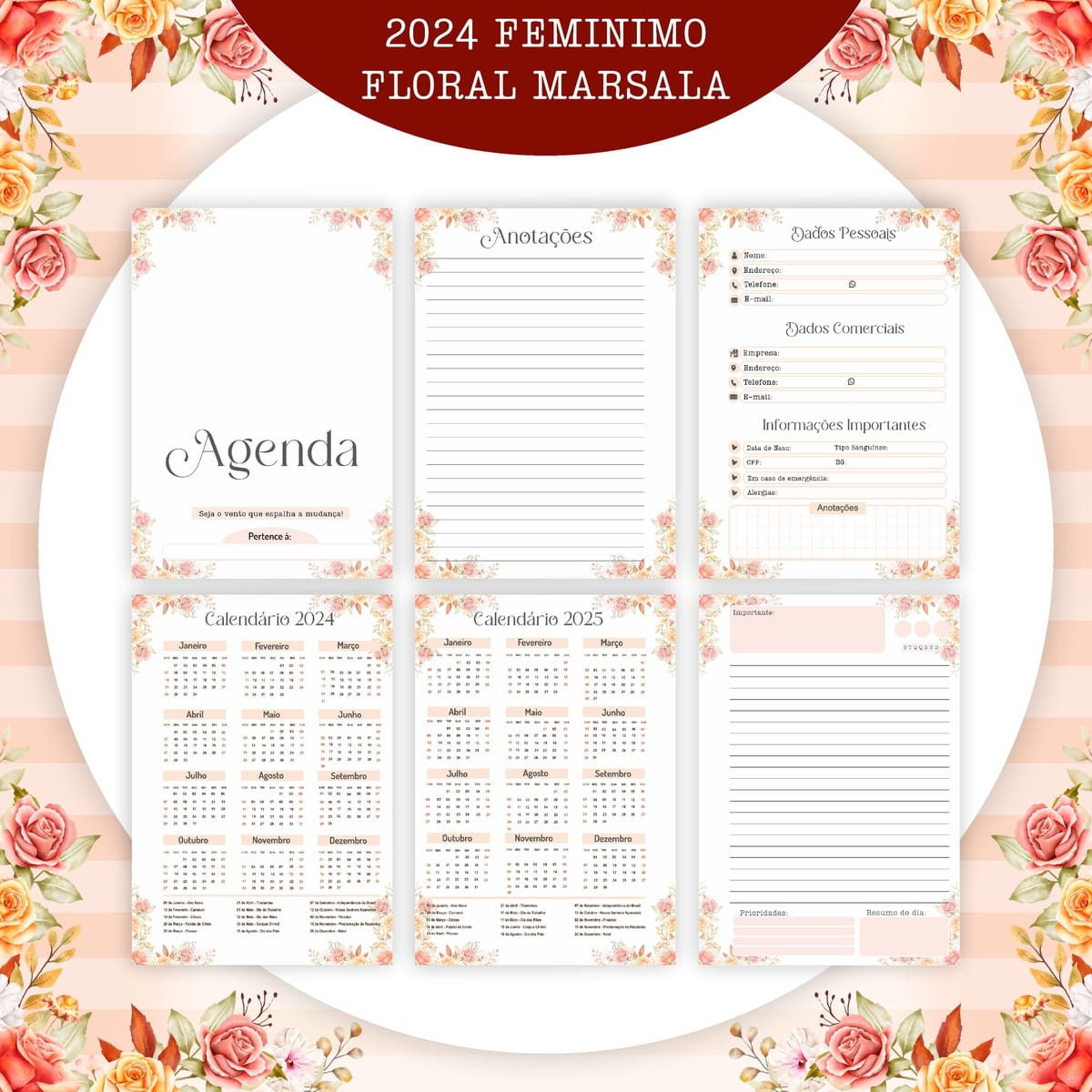 Kit Digital Floral Marsala para Encadernação 2024 3 Apresentação de páginas de agenda com tema floral rosa e caligrafia delicada.