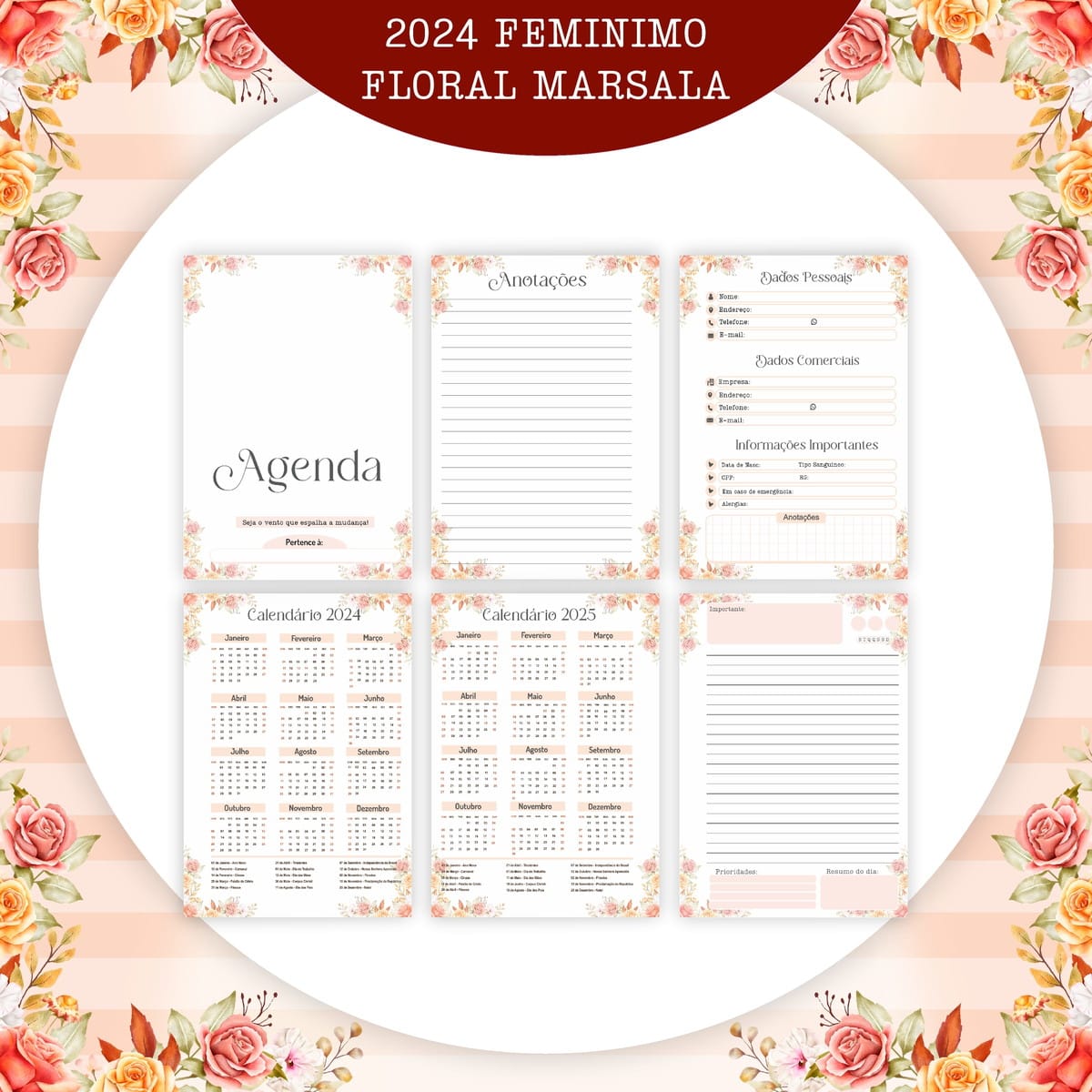 Kit Digital Floral Marsala para Encadernação 2024 4 Apresentação de páginas de uma agenda digital com tema floral e marsala.