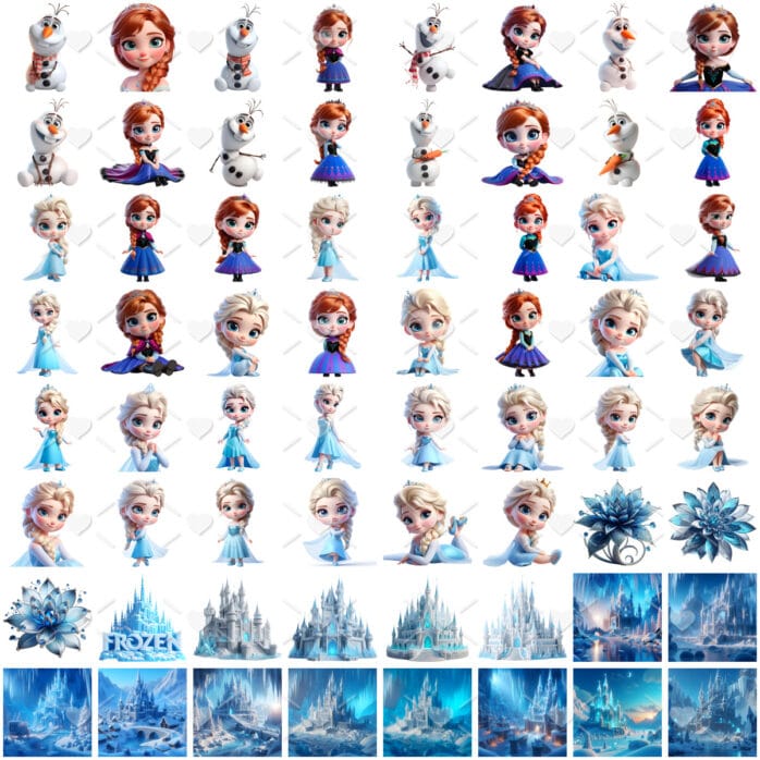 Kit Digital Frozen Cute Png Elsa Ilustrações Fofas 3D Baby