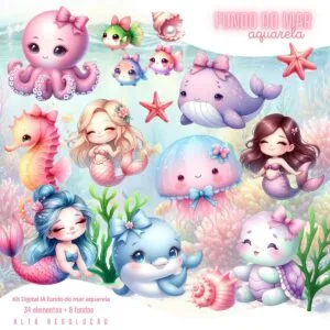 Kit Digital Fundo do Mar 3D Cute Ilustrações aquarela Png 5 Kit Digital Fundo do Mar 3D Cute Ilustrações aquarela Png