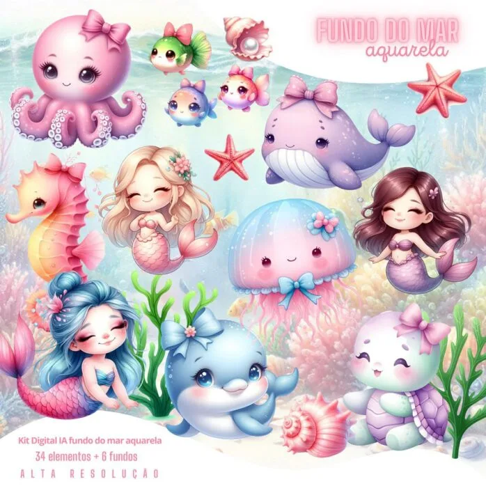 Kit Digital Fundo do Mar 3D Cute Ilustrações aquarela Png