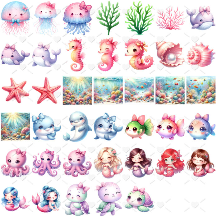 Kit Digital Fundo do Mar 3D Cute Ilustrações aquarela Png