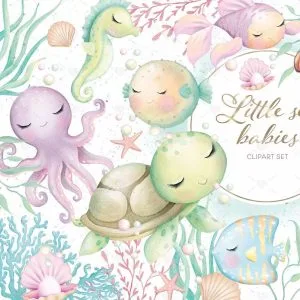 Kit Digital Fundo do Mar Aquarela Ilustrações Fofas Delicada