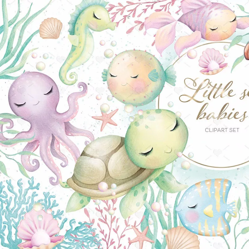 Kit Digital Fundo do Mar Aquarela Ilustrações Fofas Delicada 1 Kit Digital Fundo do Mar Aquarela Ilustrações Fofas Delicada
