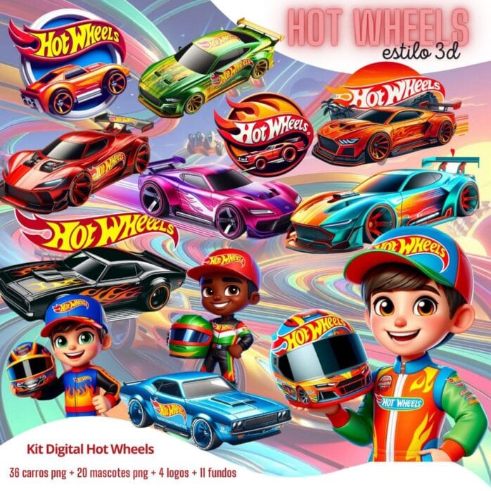 Kit Digital Hot Wheels 3D Ilustrações Mascotinhos Carrinhos