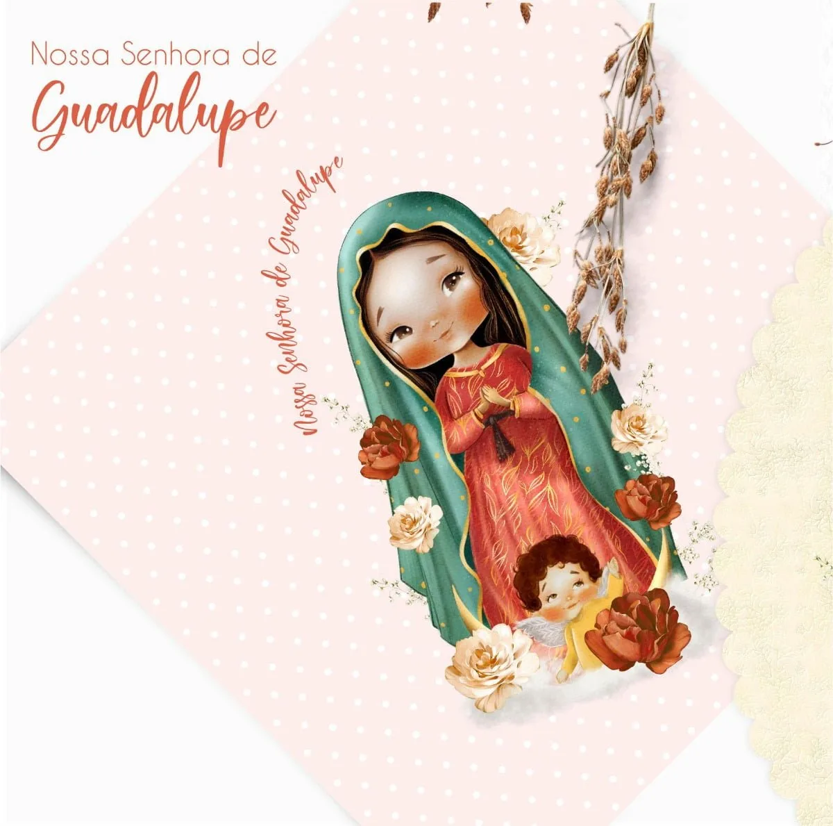 Ilustração infantil da figura religiosa com manto verde, flores e um anjinho pequeno.