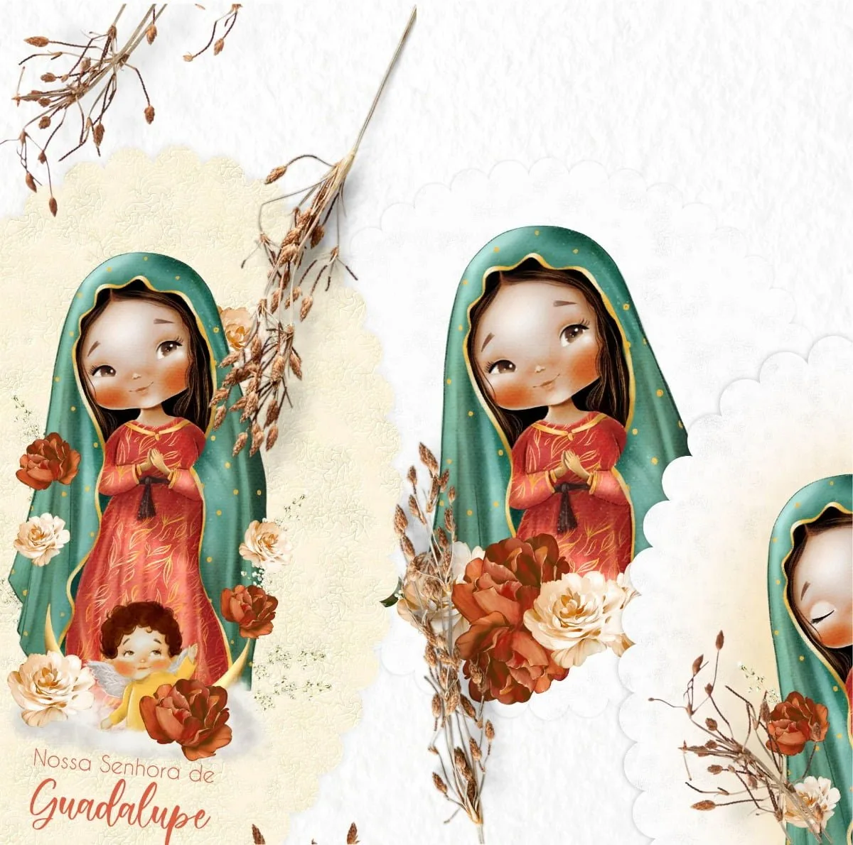 Ilustração digital de figura feminina religiosa com manto verde e vestido vermelho decorado.