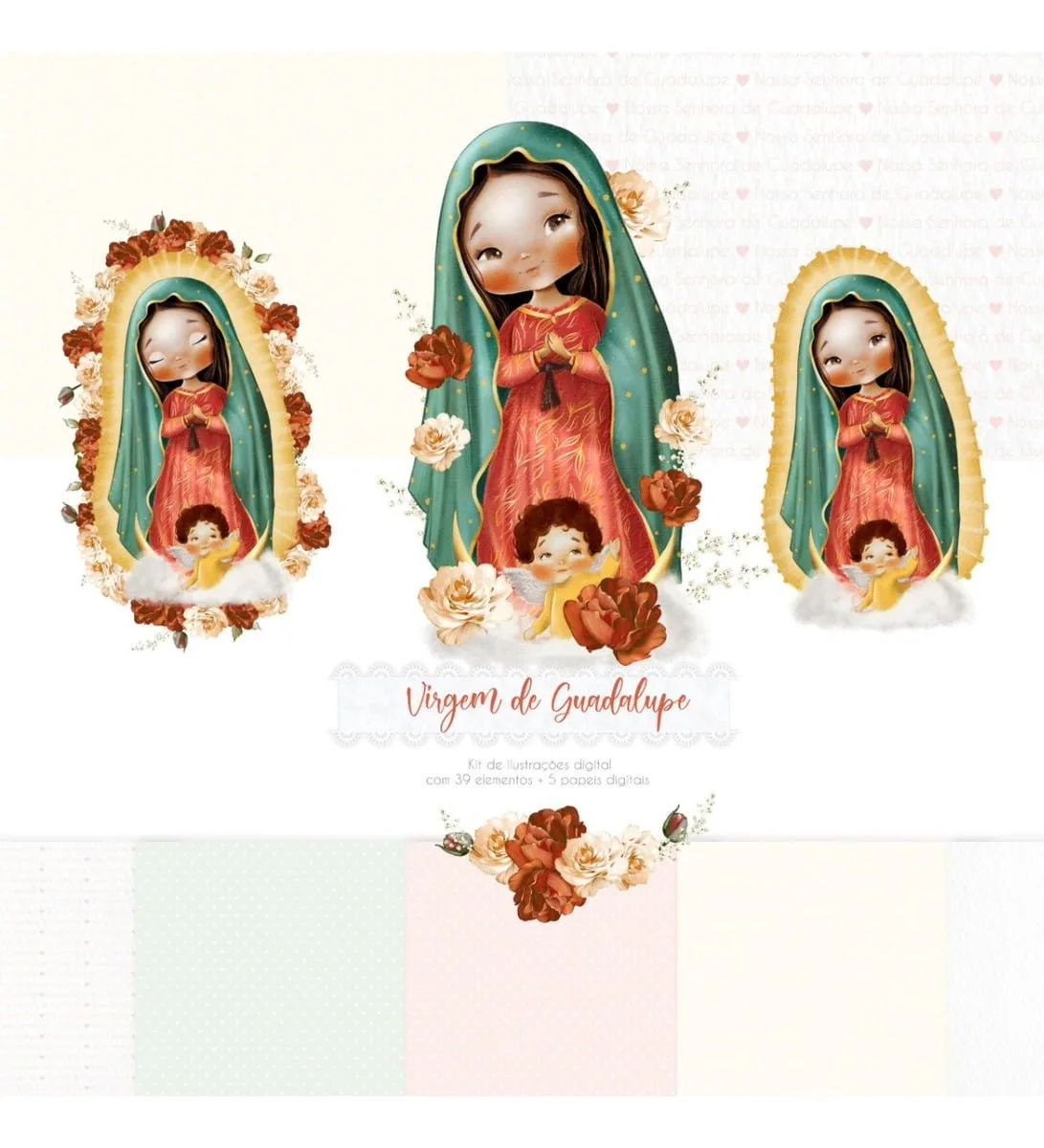 Três ilustrações digitais de uma figura religiosa feminina com anjo cercada por flores.