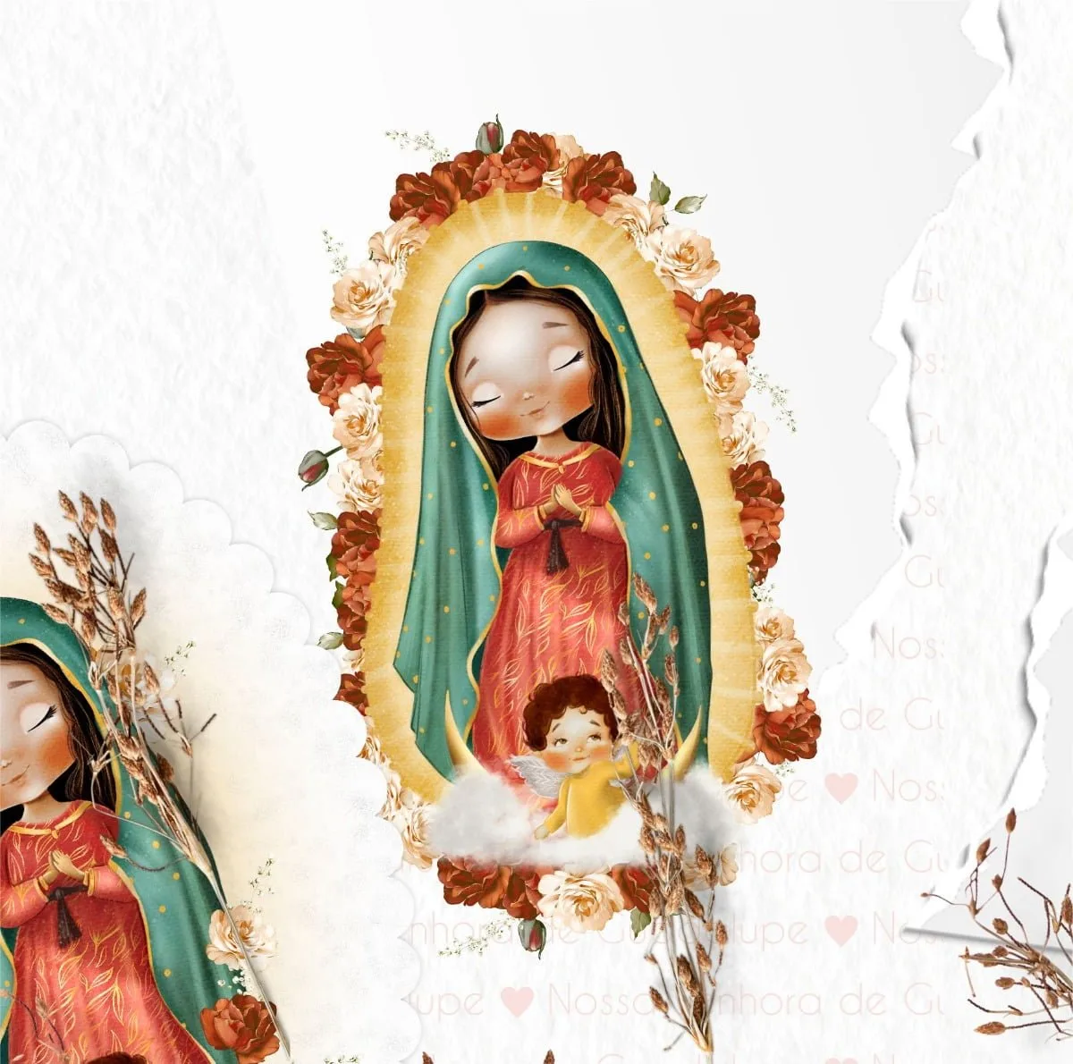 Ilustração digital de santa com manto verde rodeada por flores vermelhas e bege