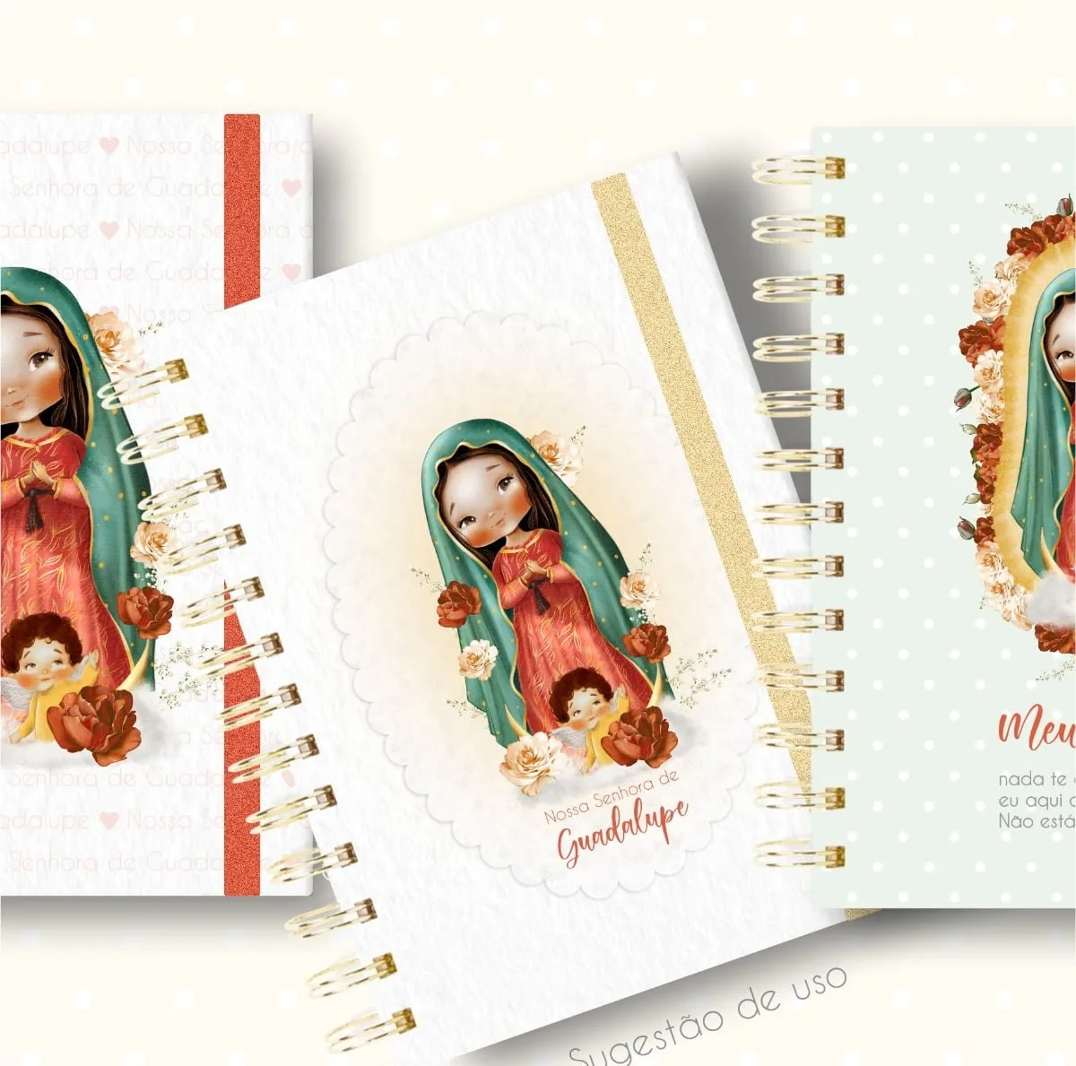 Cadernos com ilustrações de figura religiosa e flores em um fundo claro.