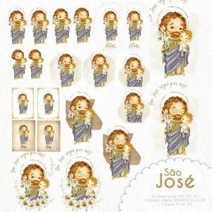 Kit Digital Ilustrações Católicas São José Santinho Aquarela