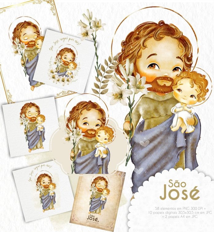 Kit Digital Ilustrações Católicas São José Santinho Aquarela