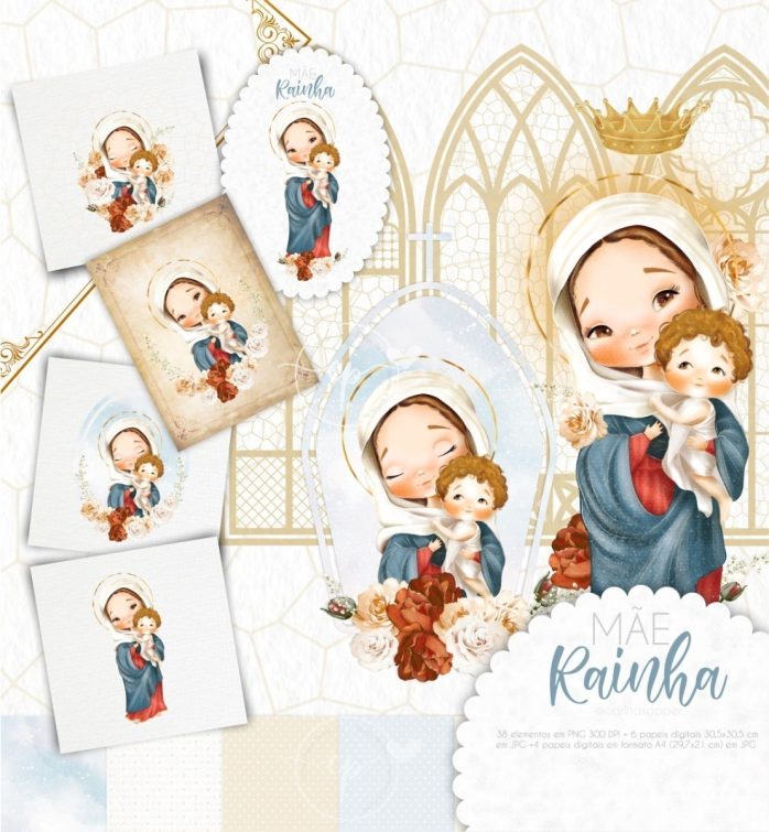 Kit Digital Ilustrações Mãe Rainha Santinhos Católicos Png