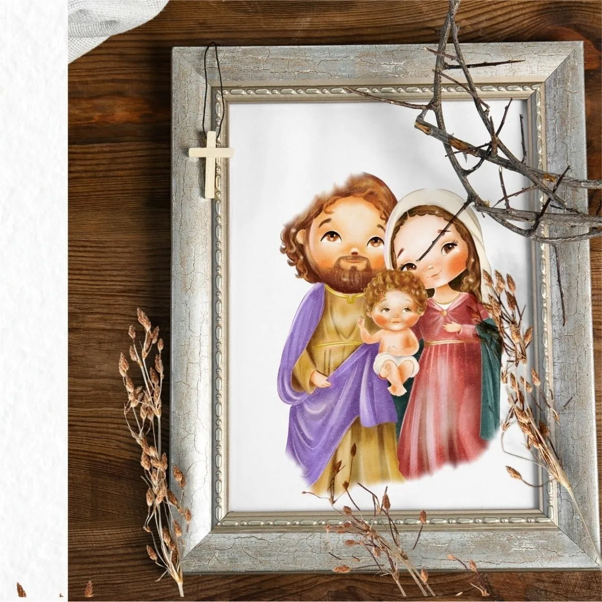 Kit Digital Ilustrações Sagrada Família Papelaria Imprimir 5 Ilustração infantil de uma família sagrada em moldura de madeira sobre fundo rústico