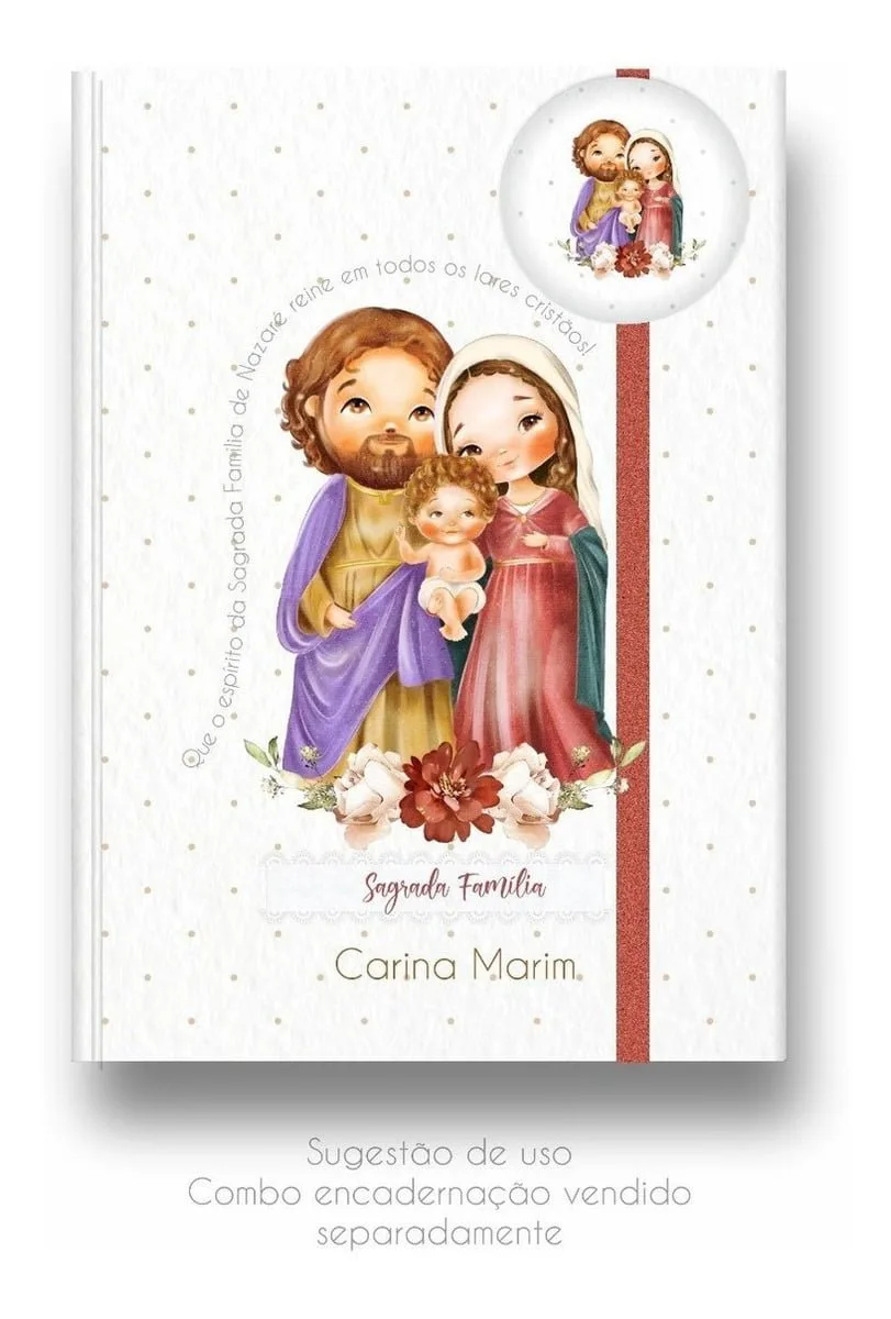 Kit Digital Ilustrações Sagrada Família Papelaria Imprimir 4 Capa de caderno com ilustração em aquarela da Sagrada Família com fundo pontilhado branco.