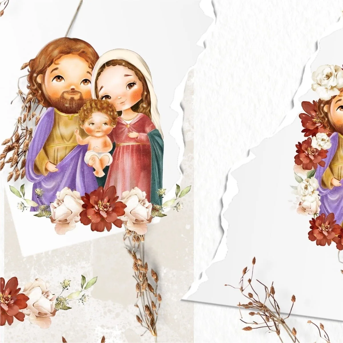 Kit Digital Ilustrações Sagrada Família Papelaria Imprimir 3 Ilustração digital em aquarela da Sagrada Família com flores vermelhas e brancas.