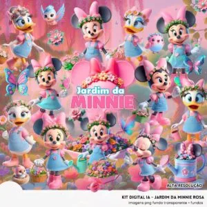 Kit Digital Jardim da Minnie Rosa Baby Png Ilustrações 3D
