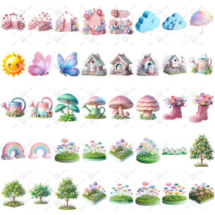 Kit Digital Jardim Encantado Cute 3D Mascotinhas Cliparts