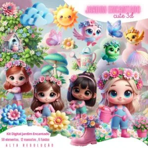 Kit Digital Jardim Encantado Cute 3D Mascotinhas Cliparts