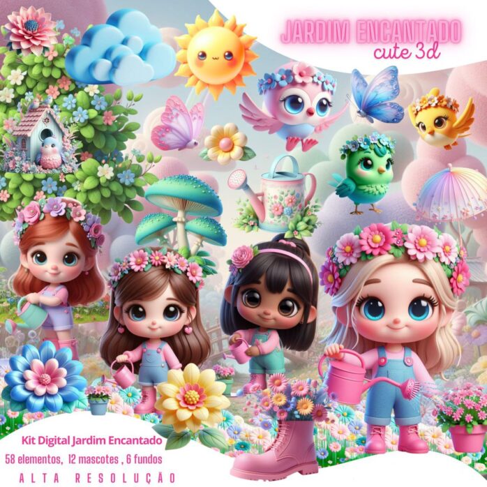 Kit Digital Jardim Encantado Cute 3D Mascotinhas Cliparts