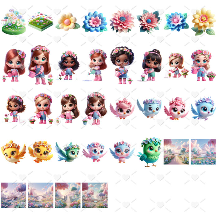 Kit Digital Jardim Encantado Cute 3D Mascotinhas Cliparts