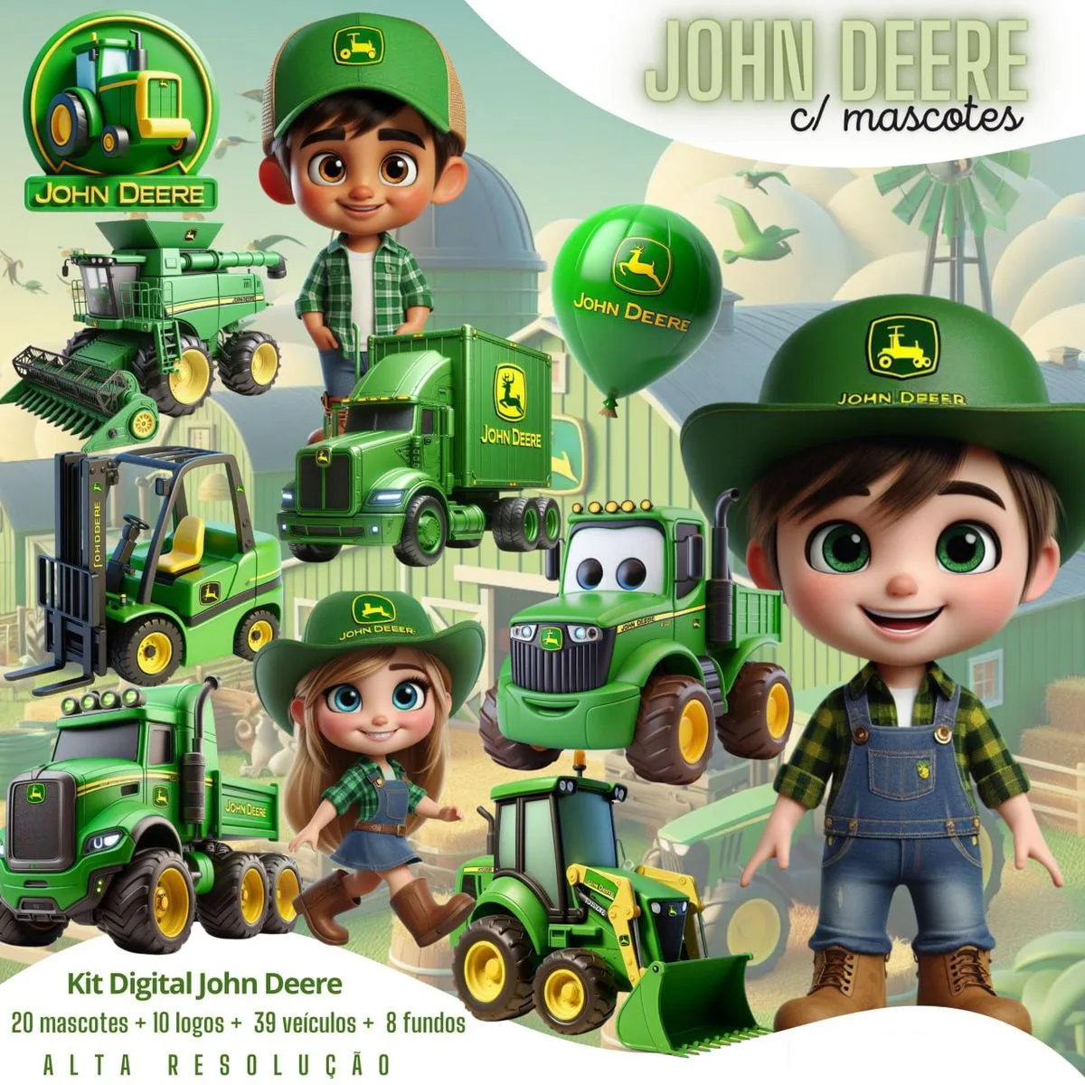 Kit Digital John Deere Ilustrações Fazenda Mascotinhos Cute 1 Kit Digital John Deere Ilustrações Fazenda Mascotinhos Cute