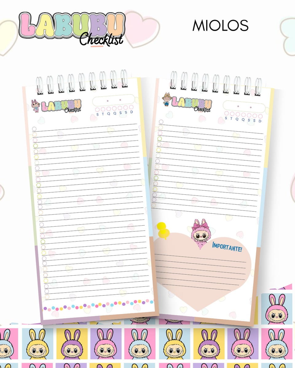 Kit Digital Labubu Checklist com 10 Capas PNG PDF e Studio 2 Dois blocos de notas pautados com espiral superior e ilustrações fofas.