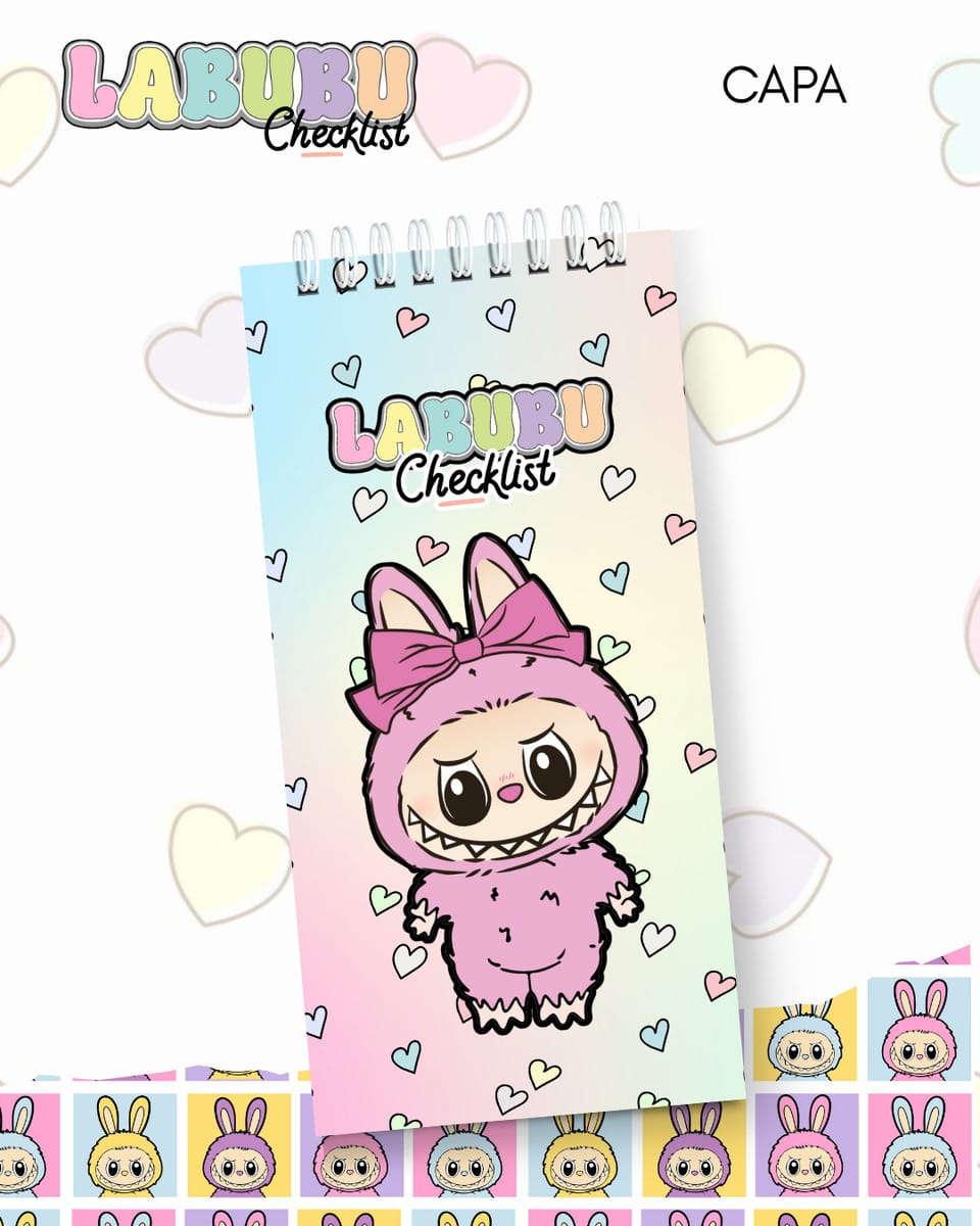 Kit Digital Labubu Checklist com 10 Capas PNG PDF e Studio 4 Caderno espiral colorido com desenho de personagem fofo de capuz rosa e corações.