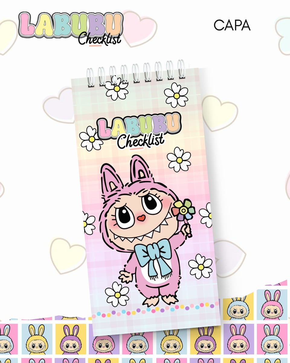 Kit Digital Labubu Checklist com 10 Capas PNG PDF e Studio 5 Capa de caderno espiralada com ilustração de monstro rosa e flores.