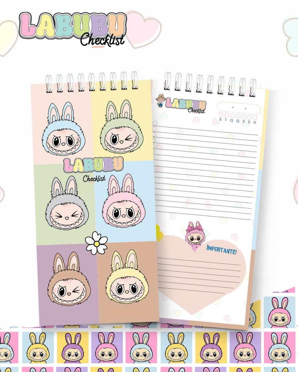 Kit Digital Labubu Checklist com 10 Capas PNG PDF e Studio 1 Dois blocos de notas com ilustrações coloridas de monstrinhos fofos e sorridentes.