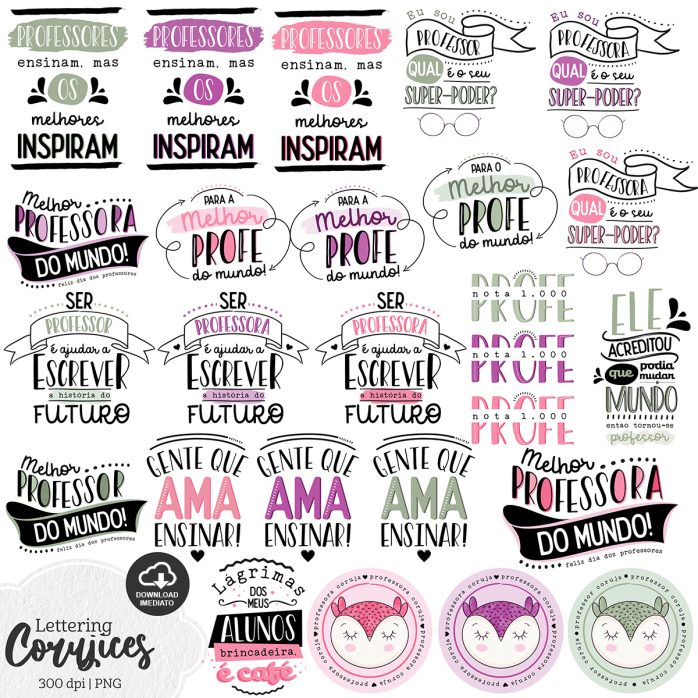 Kit Digital Lettering Dia Do Professor Coruja Frases Png