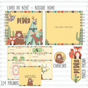 Arte digital de livro de bebe com tema de animais da floresta.