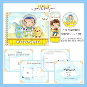 Conjunto de arte digital infantil com personagens ilustrados e elementos decorativos para mesversário.