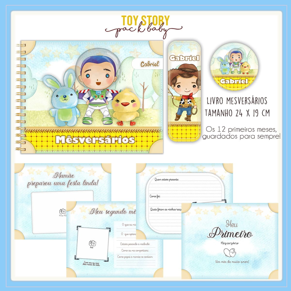 Kit Digital Livro Mesversário Toy Story Recordações 1 Conjunto de arte digital infantil com personagens ilustrados e elementos decorativos para mesversário.