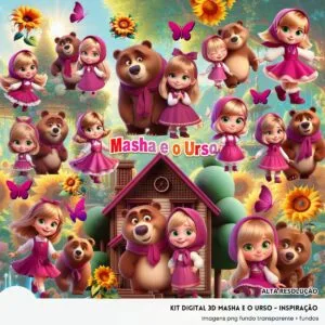 Kit Digital Masha e o Urso Baby Png Ilustrações 3D Fofo Girl