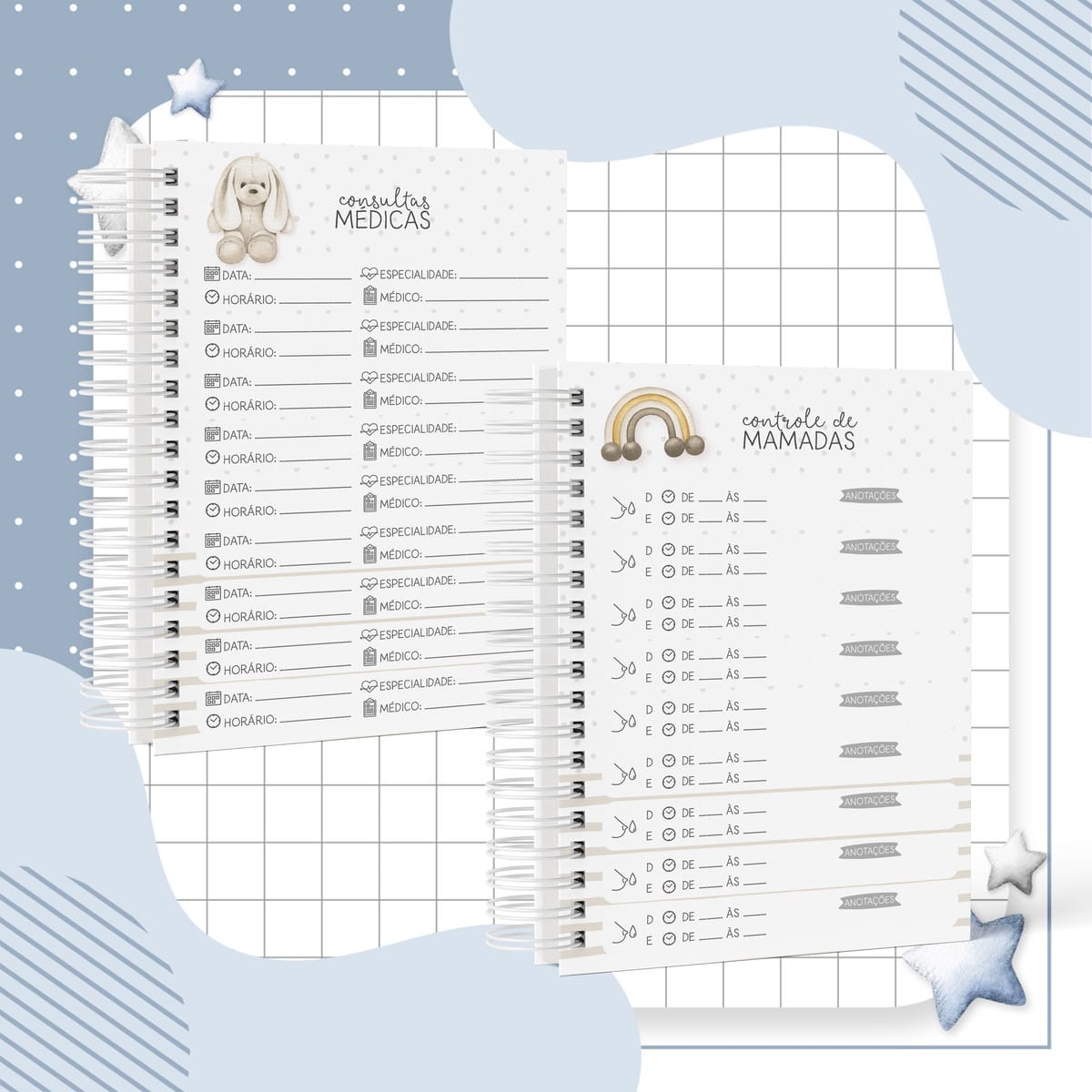 Kit Digital Maternidade Menino Completo em PDF 3 Cadernos com páginas pautadas para controle de consultas médicas e mamadas com ilustrações infantis.