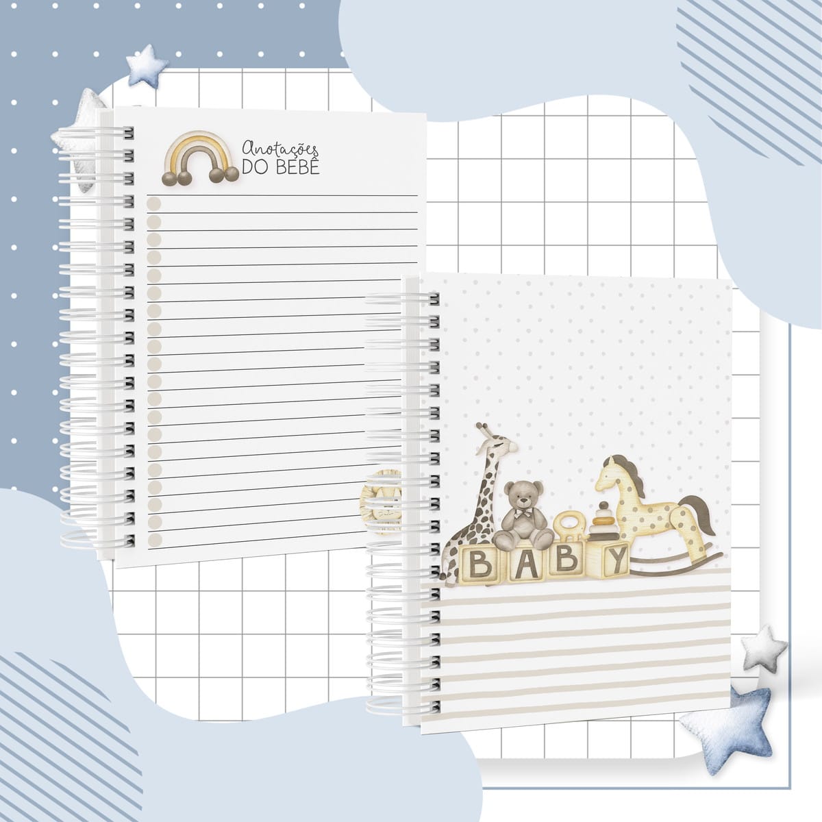 Kit Digital Maternidade Menino Completo em PDF 4 Dois cadernos espiralados com ilustrações infantis de animais e blocos de montar.