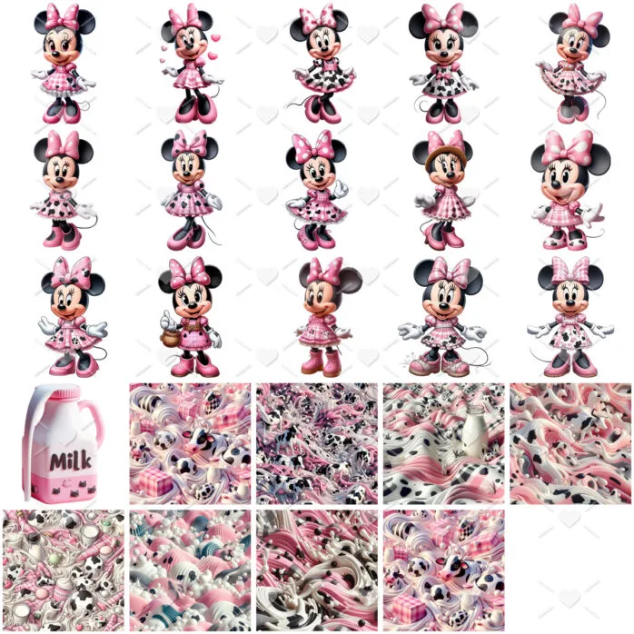 Kit Digital Minnie Milk Rosa 3D Cute Fofo Cliparts Png