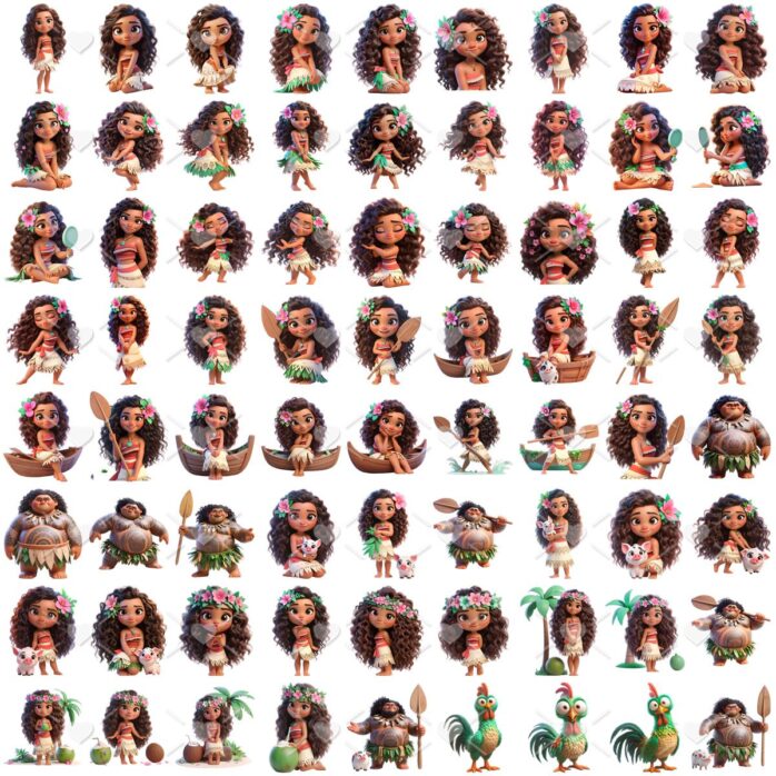 Kit Digital Moana e Personagens Baby Png Ilustrações 3D Fofo