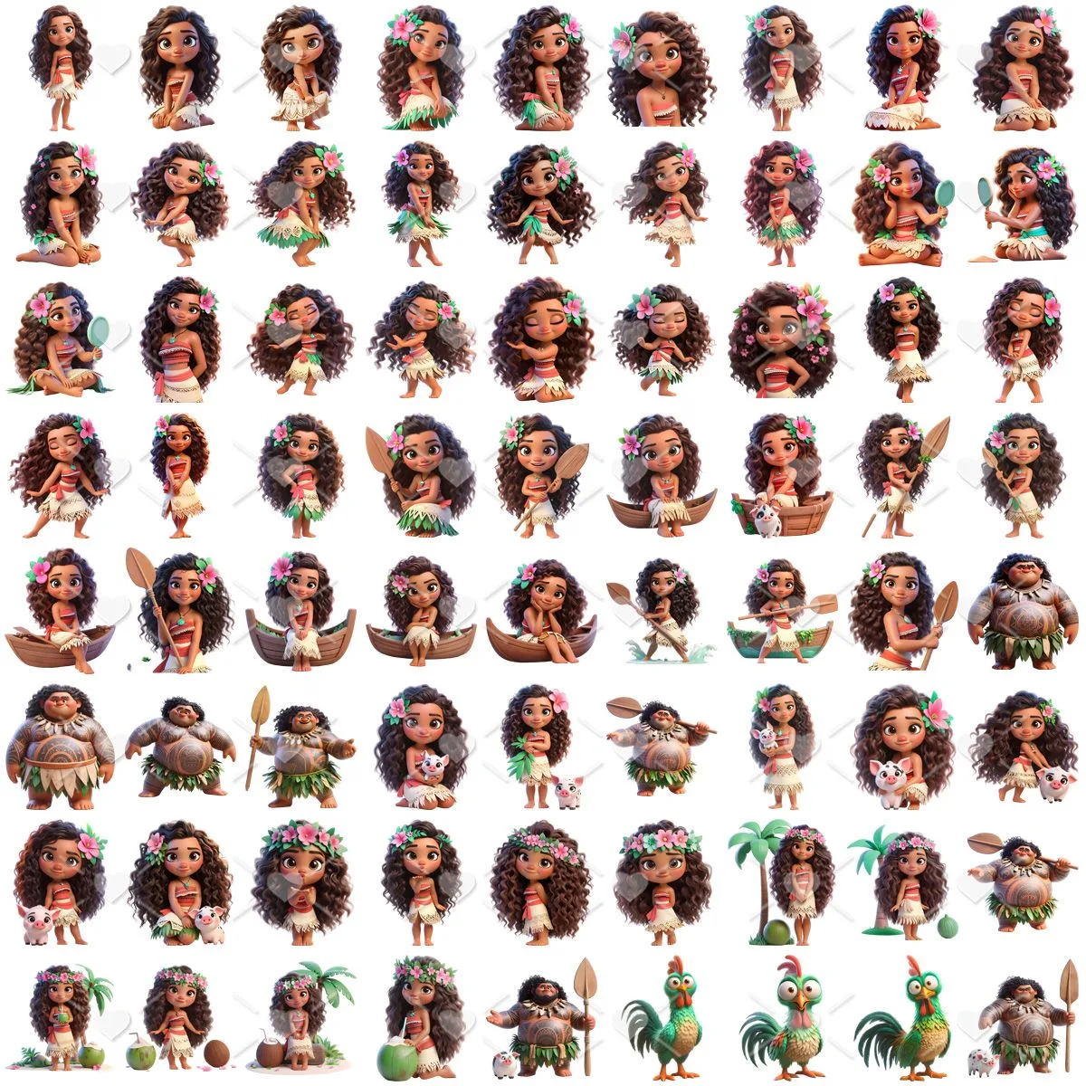 Kit Digital Moana e Personagens Baby Png Ilustrações 3D Fofo