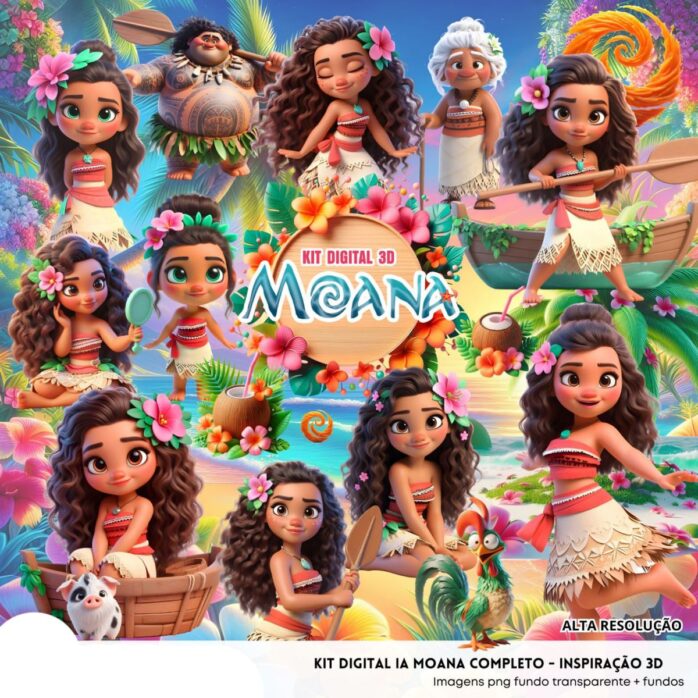 Kit Digital Moana e Personagens Baby Png Ilustrações 3D Fofo