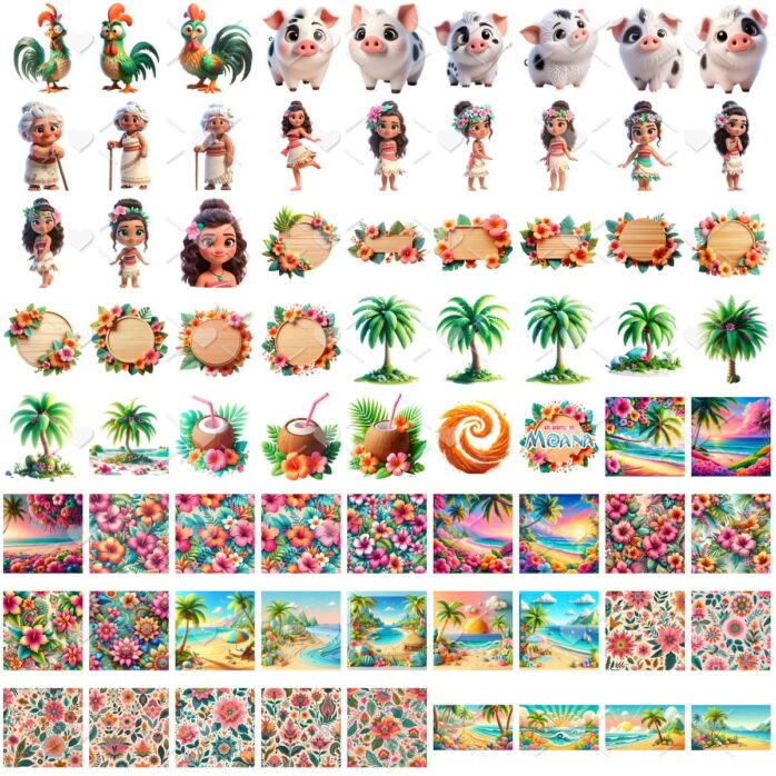 Kit Digital Moana e Personagens Baby Png Ilustrações 3D Fofo