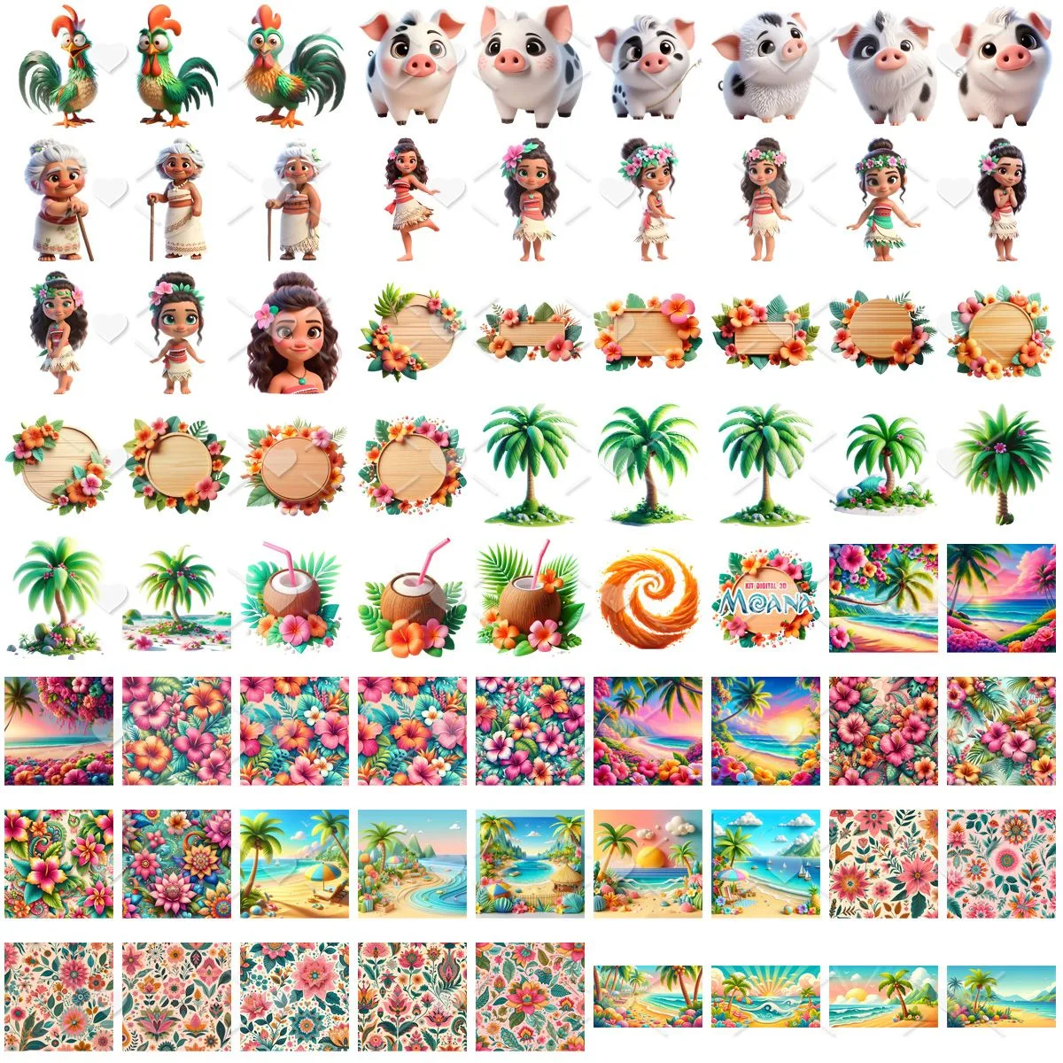 Kit Digital Moana e Personagens Baby Png Ilustrações 3D Fofo