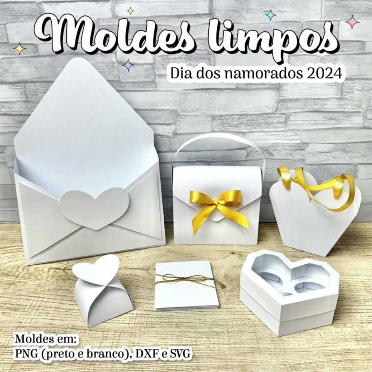 Kit Digital de Moldes para o Dia dos Namorados 1 Moldes digitais de papelaria branca para presentes, como envelopes e caixas, para o Dia dos Namorados.